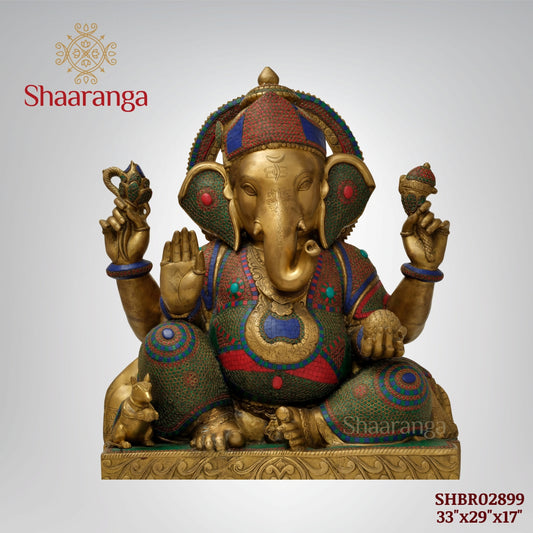 33 inches Abhaya Hasta Chaturbhuja Ganesha | Monumental Brass-Embellished Sculpture