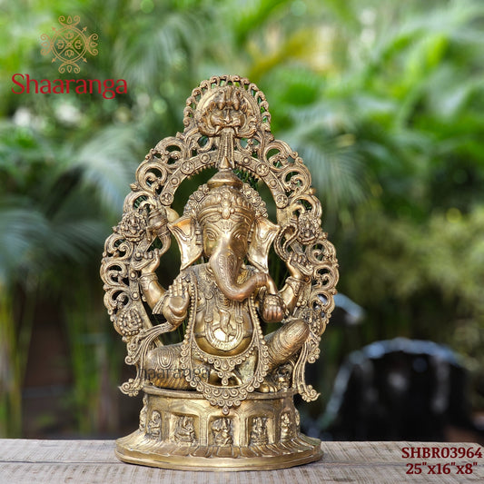 25 Inches Brass Ganesha Idol with Arch – Sitting on Base