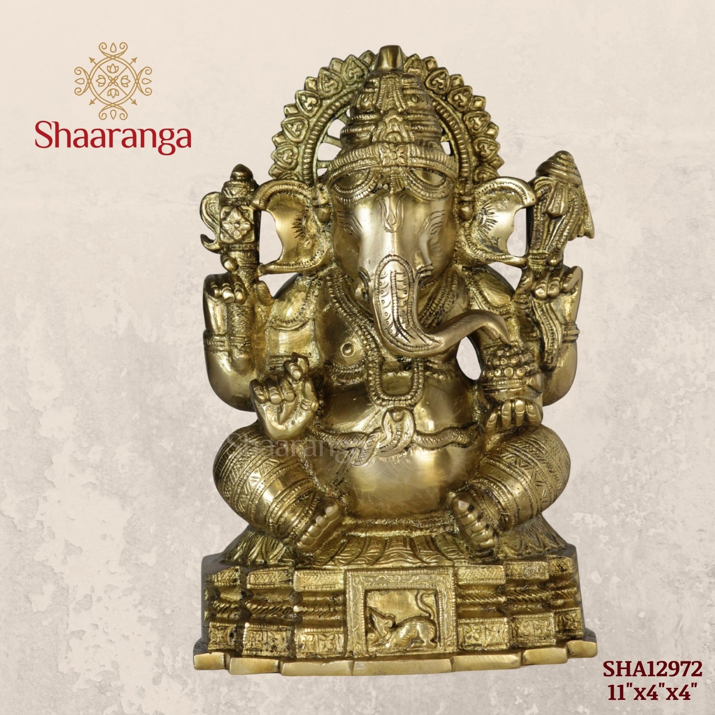11 Inches Brass Ganesha Idol Sitting On Base.