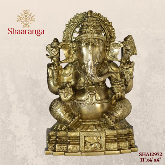 11 Inches Brass Ganesha Idol Sitting On Base.