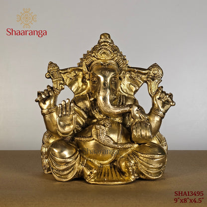 9 Inches Brass Lord Appu Ganesha Idol - Handcrafted Premium Brass Sculpture