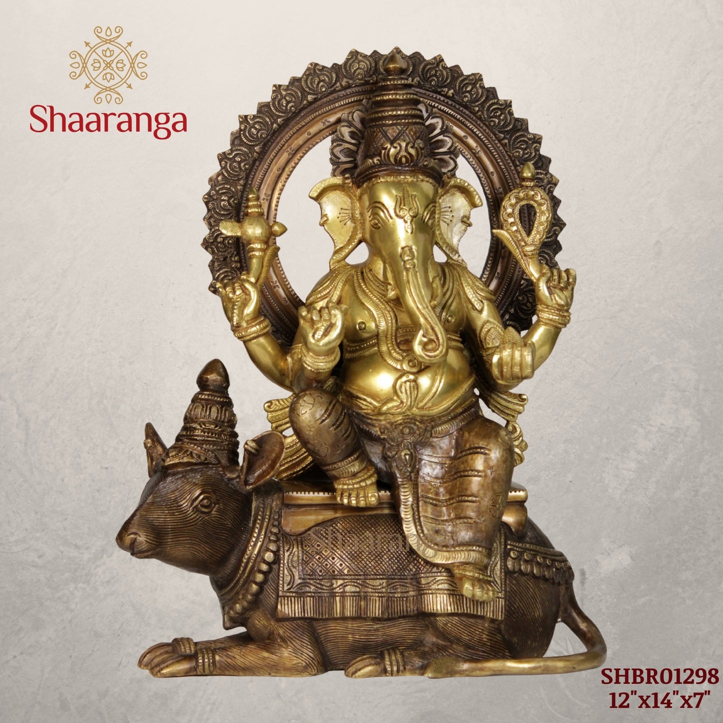 12 Inches Brass Ganesha idol Sitting on Rat in Two Tone finish.