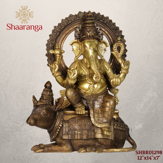12 Inches Brass Ganesha idol Sitting on Rat in Two Tone finish.