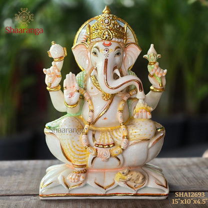 15 Inches Marble Ganesh Sitting Idol | Premium White Marble Sculpture