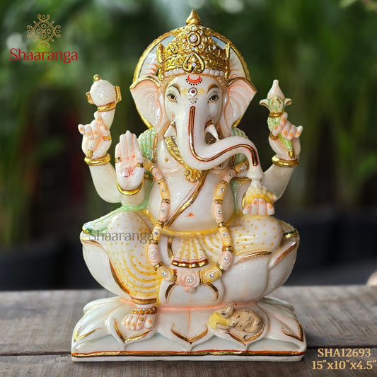 15 Inches Marble Ganesh Sitting Idol | Premium White Marble Sculpture