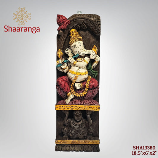 18.5 Inches Wooden Flute Ganesha Panel