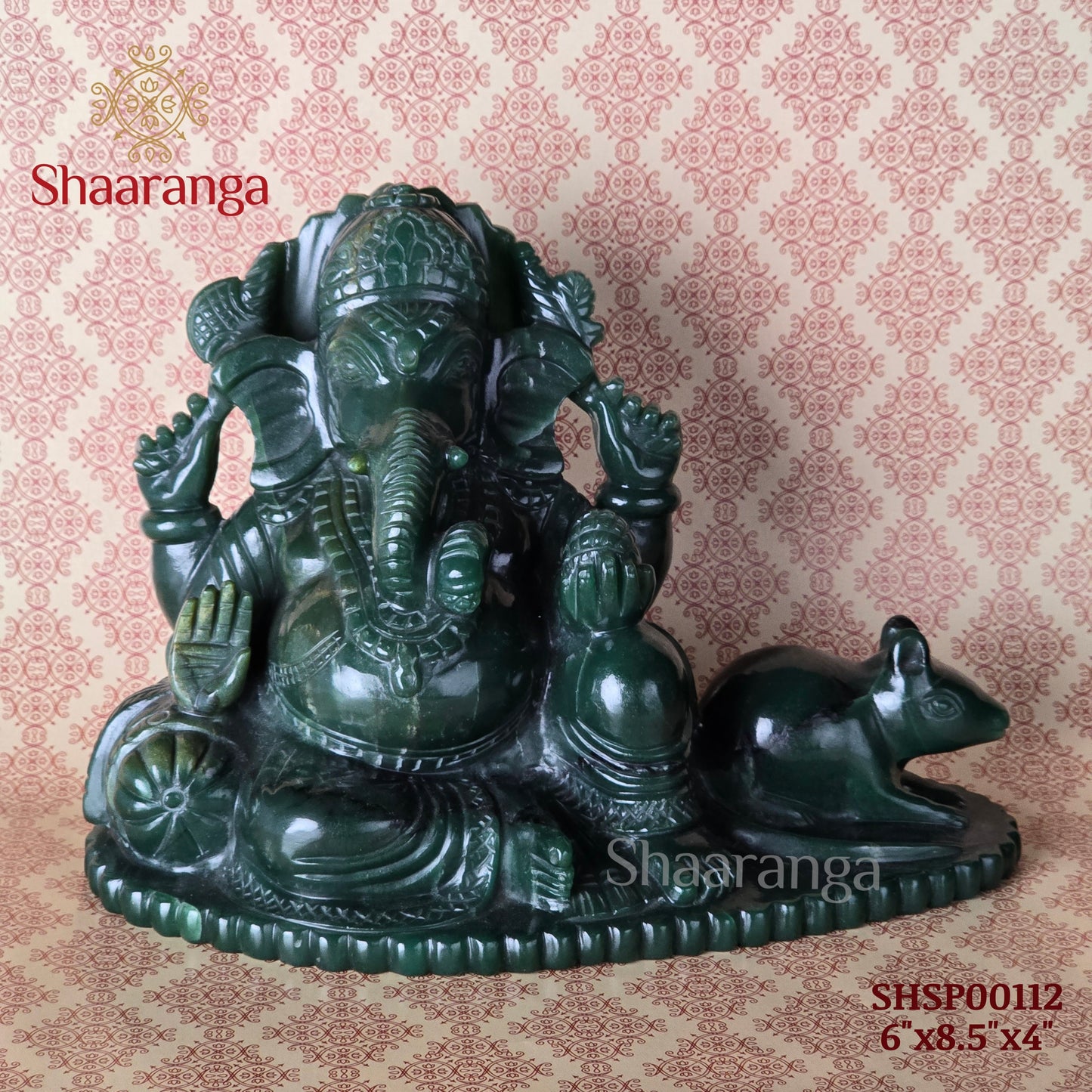 6 Inches Semi Precious Stone Green Ganesha on Rat
