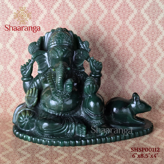 6 Inches Semi Precious Stone Green Ganesha on Rat