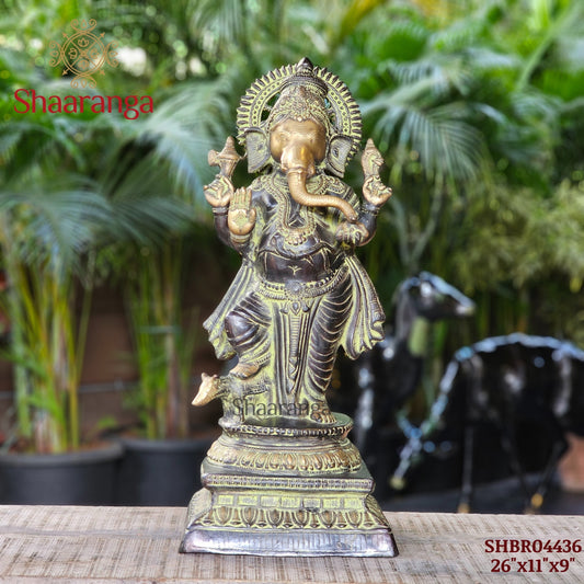 26 Inches  Brass Ganesha standing Idol on base with Antique finish.