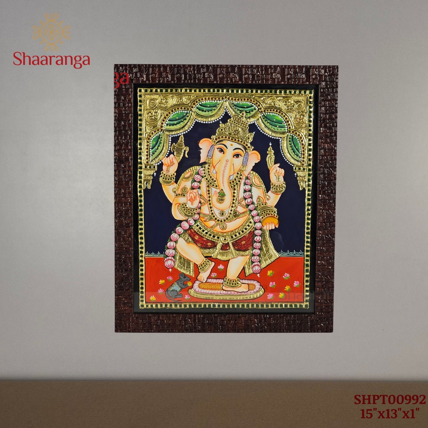 15x13 Inches Ganesha Tanjore Painting with 22K Gold Work.