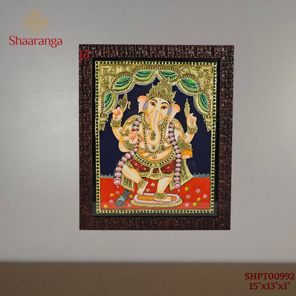 15x13 Inches Ganesha Tanjore Painting with 22K Gold Work.