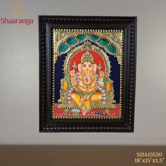Ganesha Tanjore Painting | 18x15 Inches | 22K Gold Embossed | Shaaranga