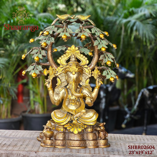 23 Inches Brass Ganesha Idol Sitting Under Tree