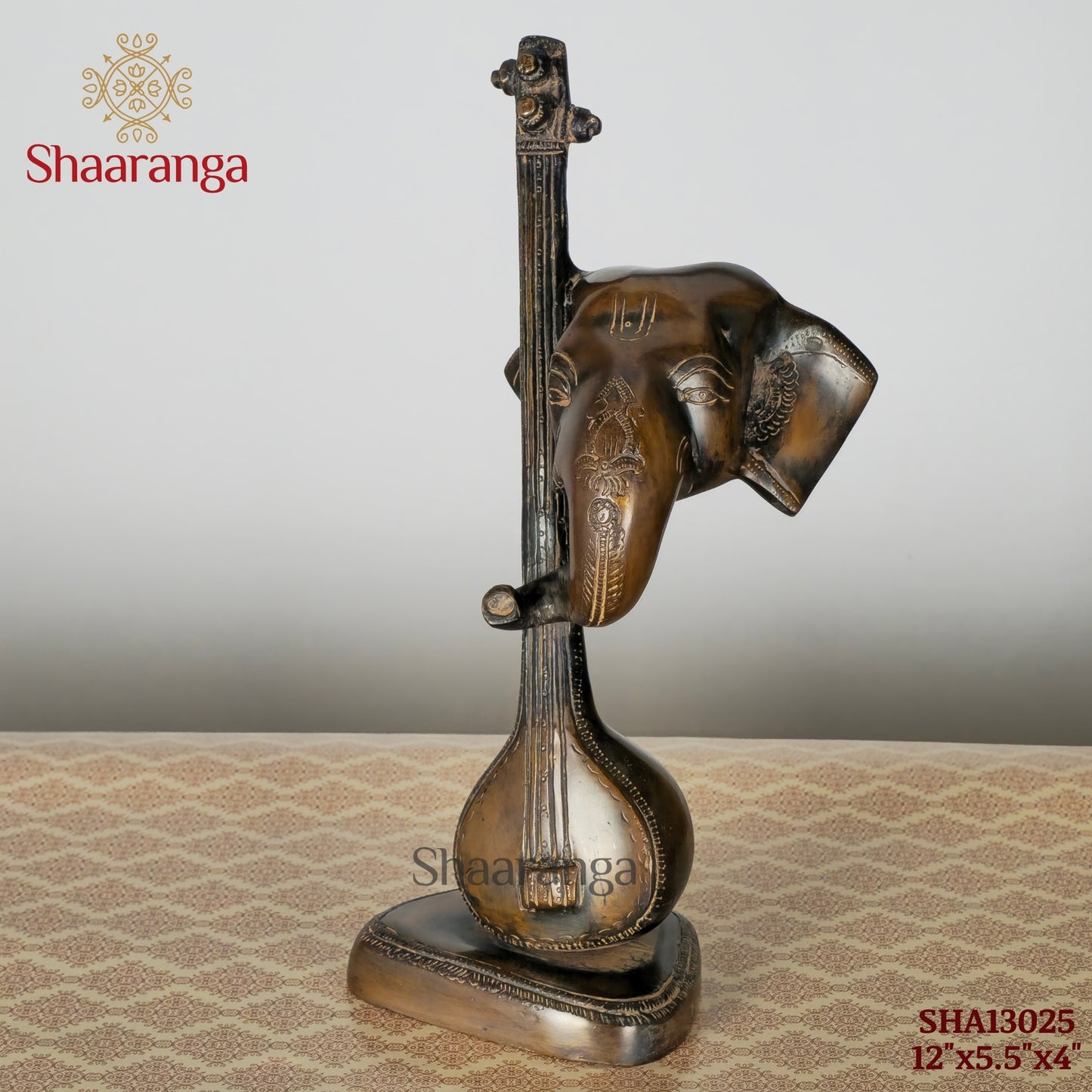 12 Inches Brass Veena Ganesh - Handcrafted Musical Deity Idol
