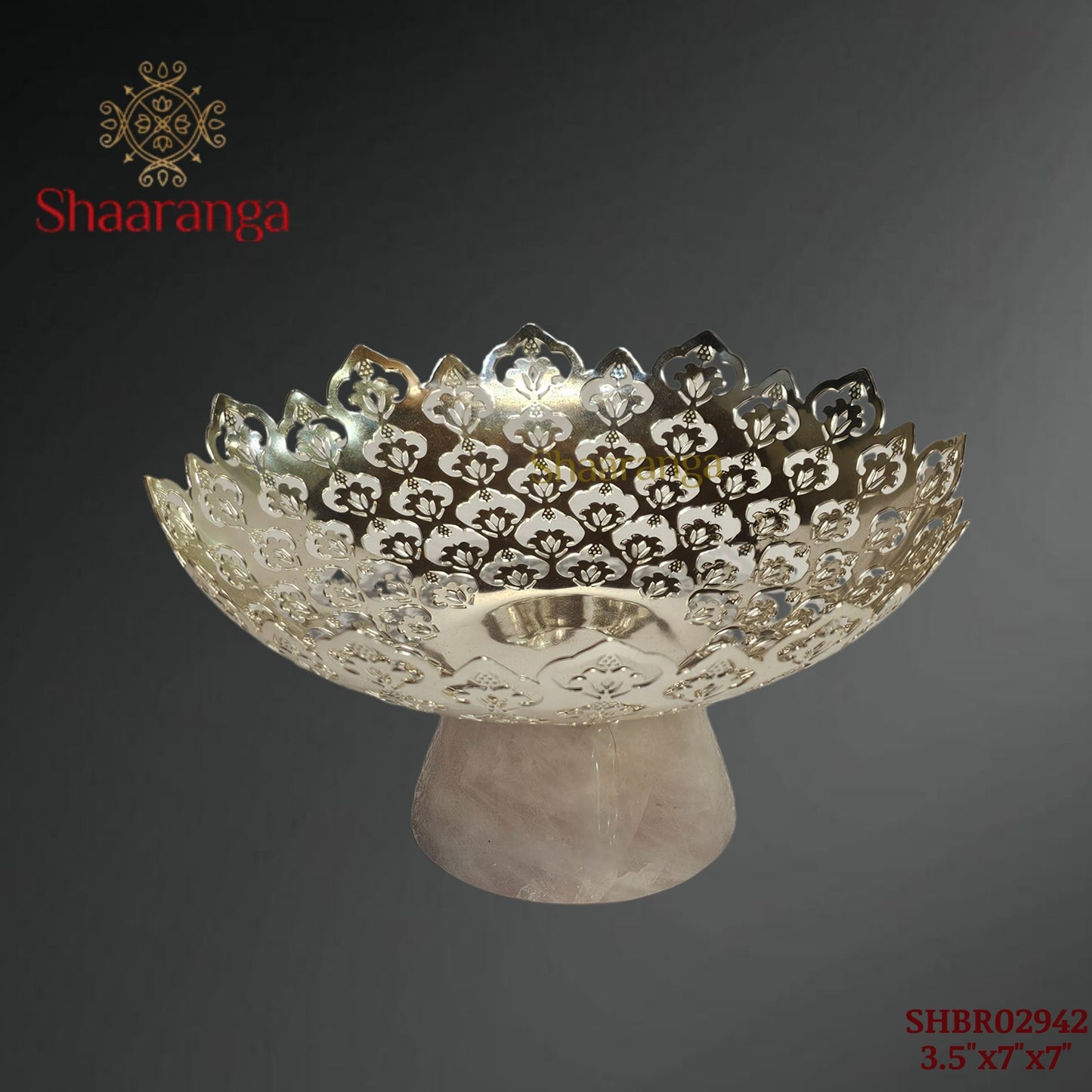 7 × 7 Inches Brass Jali Platter on Rose Quartz Base