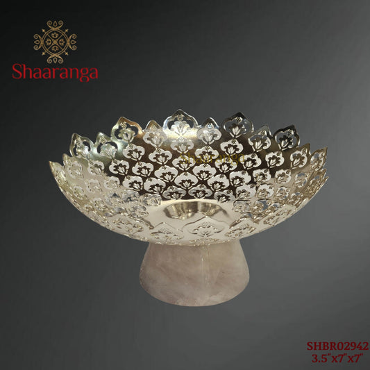 7 × 7 Inches Brass Jali Platter on Rose Quartz Base