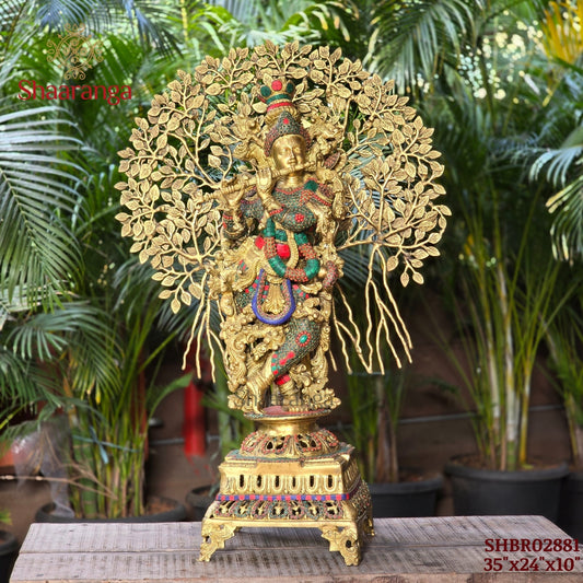 35 Inches Majestic Brass Murali Krishna sculpture with Tree & Stone Work