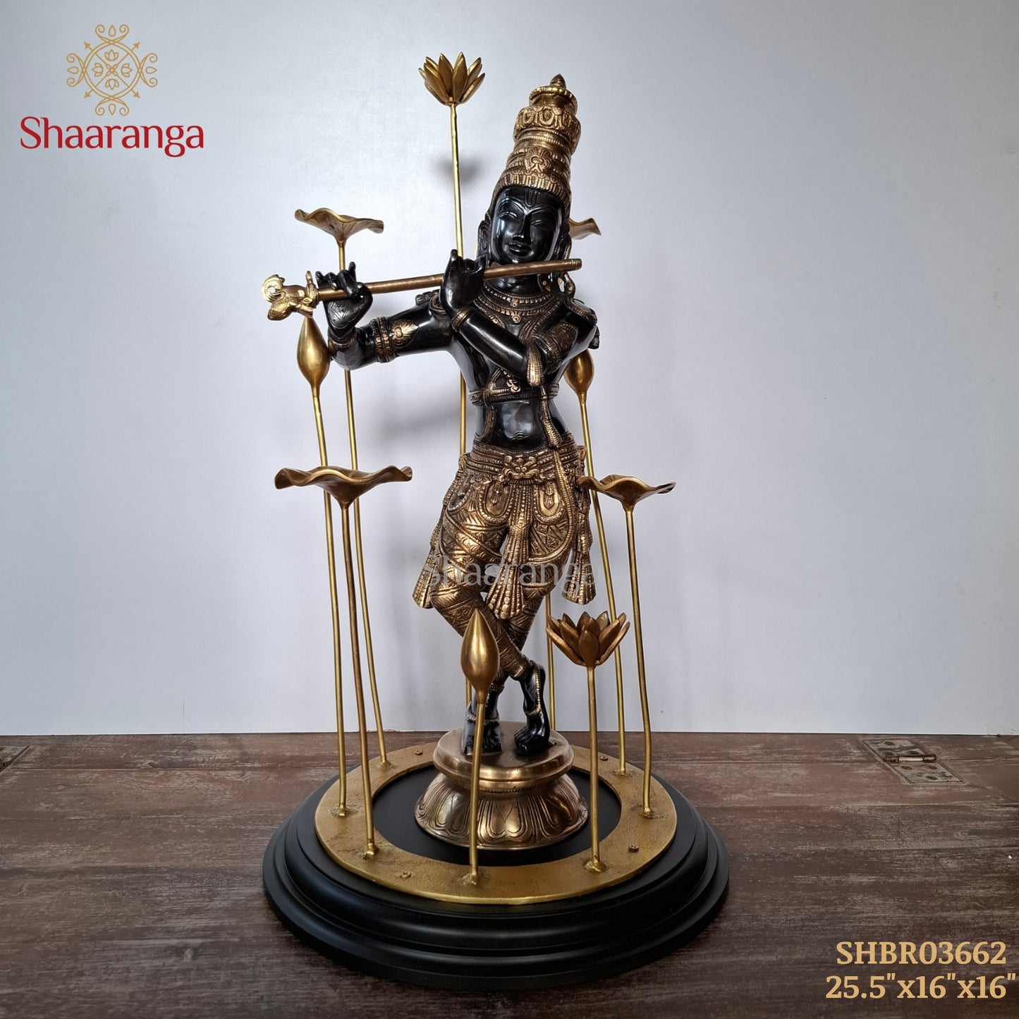25.5 Inches  Brass Krishna in Black & Gold Finish with Lotus Sculpture Base