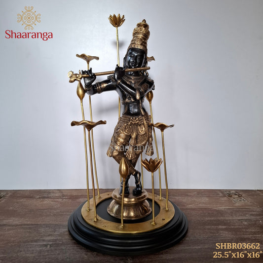 25.5 Inches  Brass Krishna in Black & Gold Finish with Lotus Sculpture Base