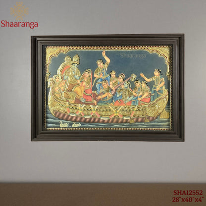 28 x 40 Inches Krishna Leela Tanjore Painting with Gopikas | 22K Gold Embossed Art
