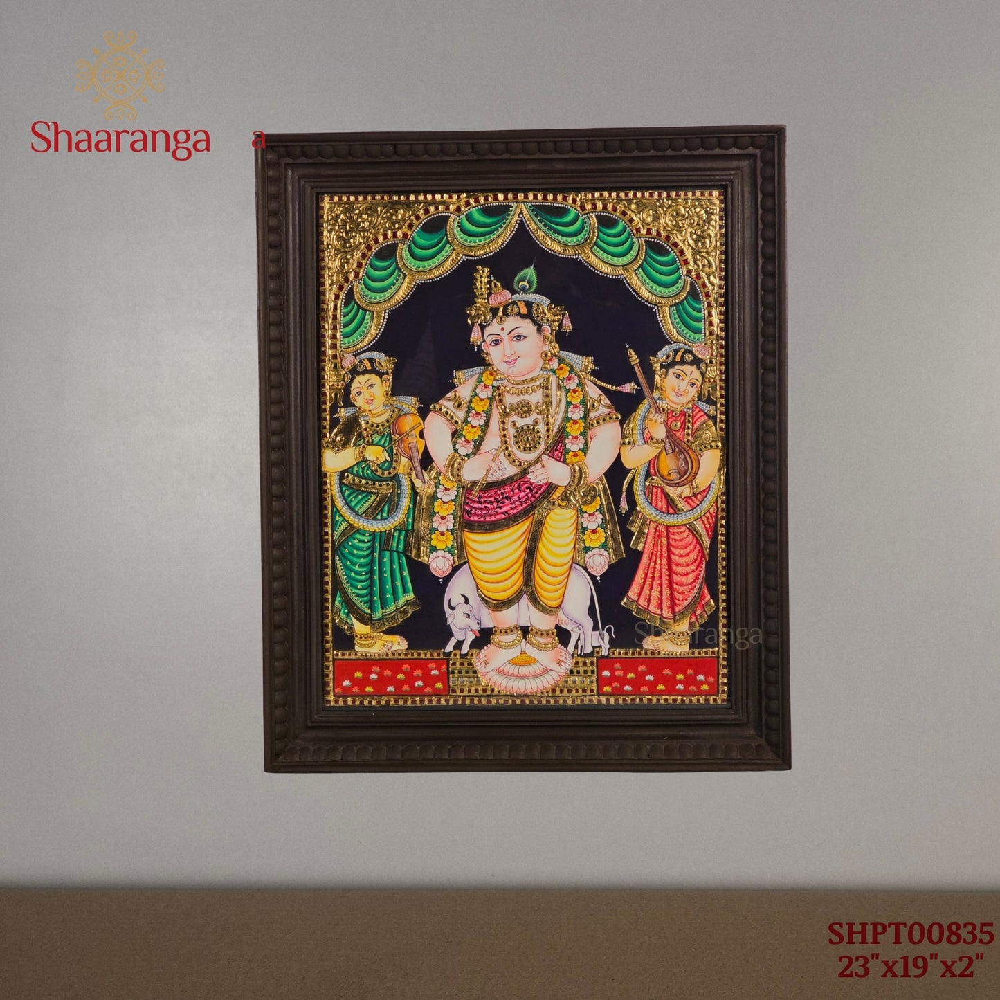 23x19  Inches Krishna with Rukmini and Satyabhama  Tanjore Painting with 22K Gold Work