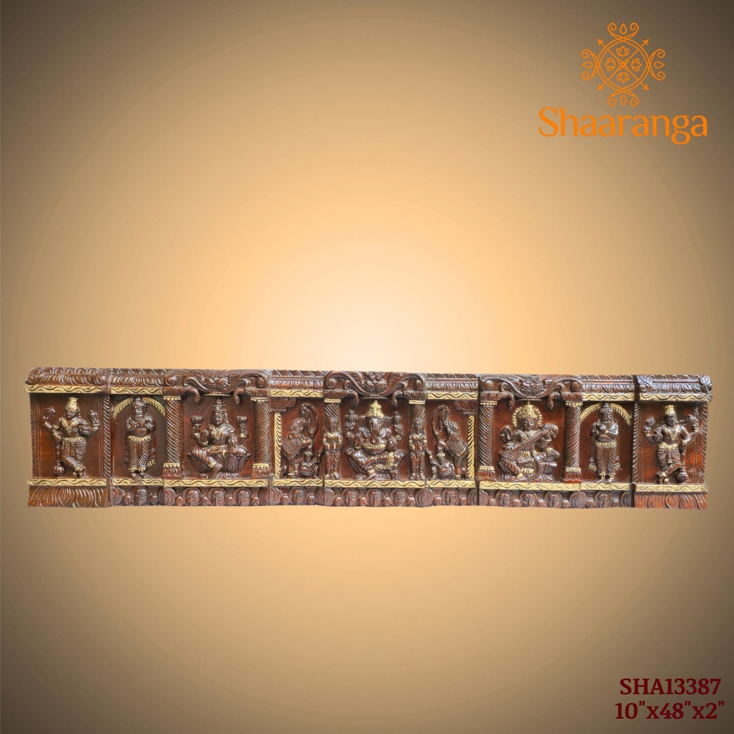 48 Inches wooden wall panel featuring Lakshmi Devi, Lord Ganesha, and Saraswati Devi