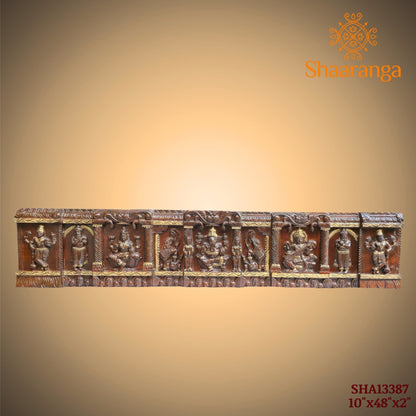 48 Inches wooden wall panel featuring Lakshmi Devi, Lord Ganesha, and Saraswati Devi