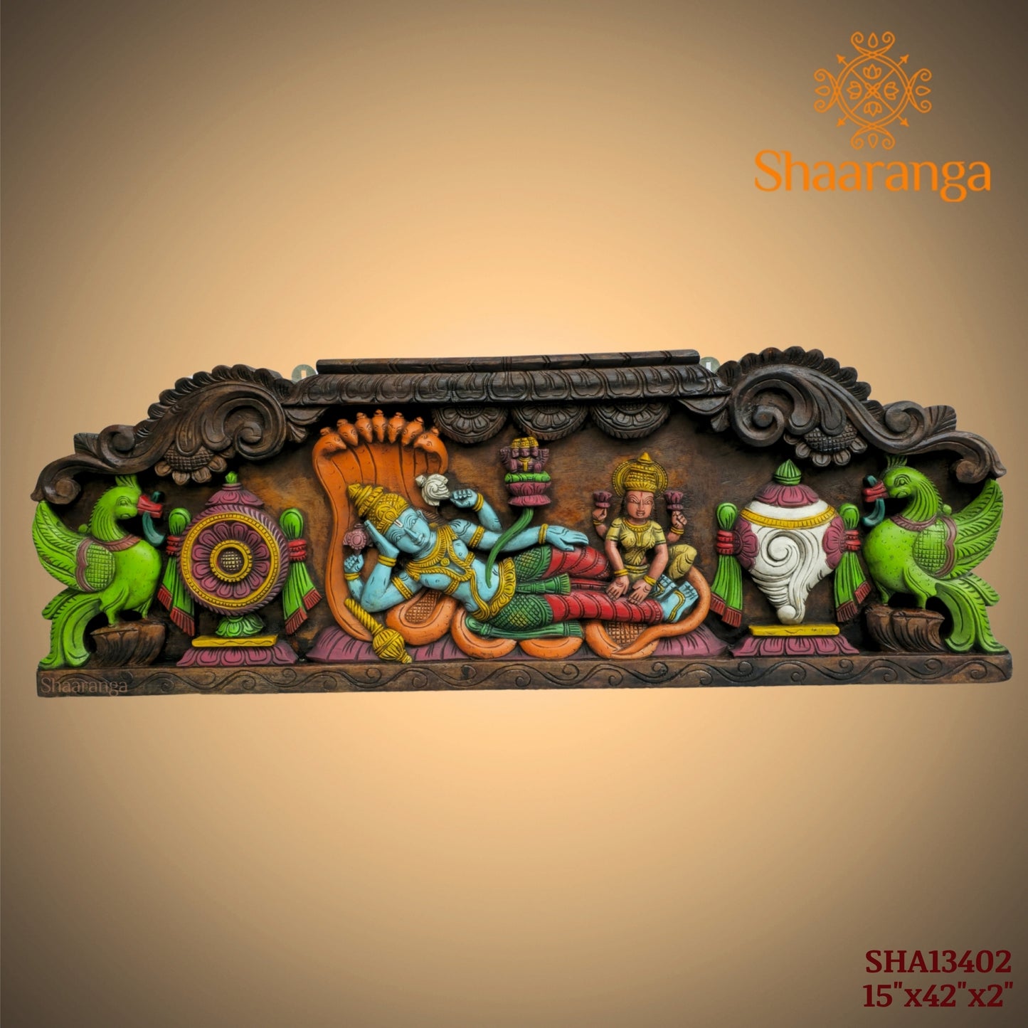 Sri Vishnu Ananta Shayana – Wooden Carving Panel - 15 x 42 inches