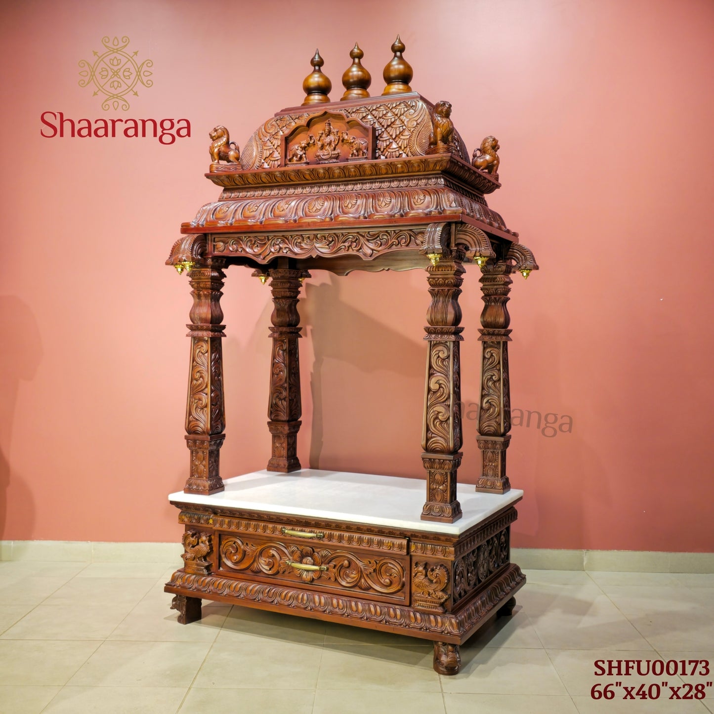 66 Inches Teak wood Pooja Mandir - Southern Temple Style