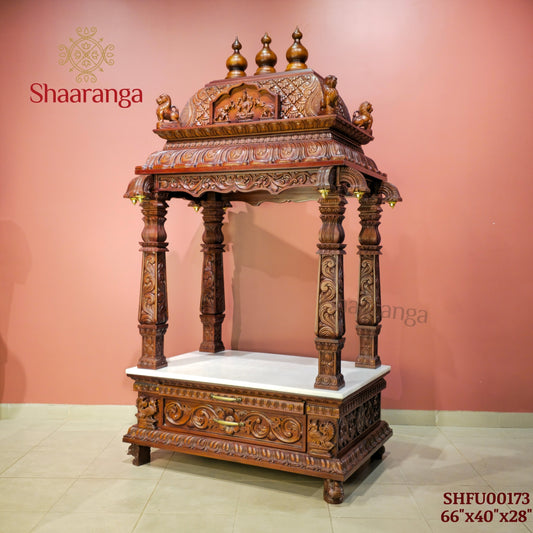 66 Inches Teak wood Pooja Mandir - Southern Temple Style