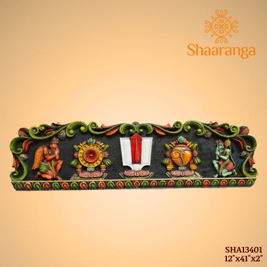 wooden painted panel of Shanku–Chakra–Namam 12 x 41 inches