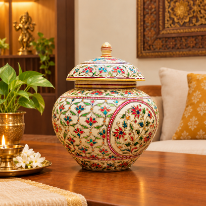 12 Inches Bone Decorative Pot with Embossed Meena painting work