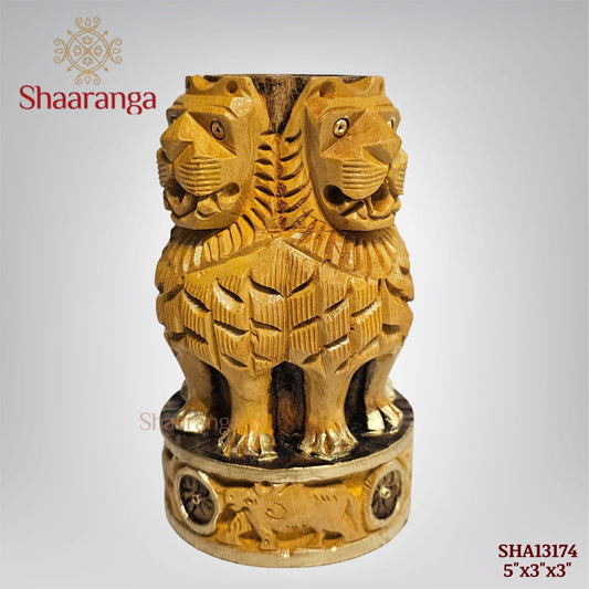 5 Inches Wooden Ashoka Pillar Design Pen Stand