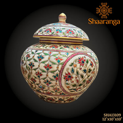 12 Inches Bone Decorative Pot with Embossed Meena painting work