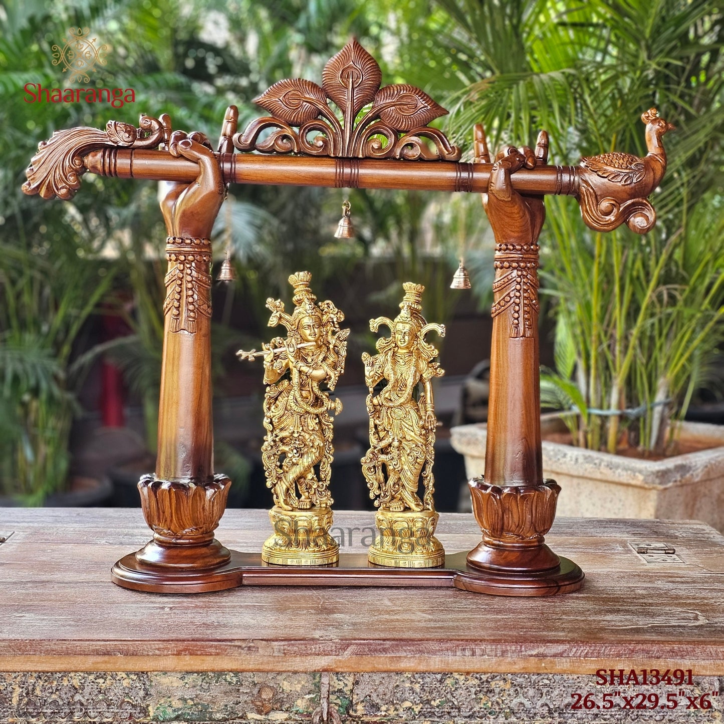 26.5 Inches Brass Radha Krishna With Teakwood Flute Arch