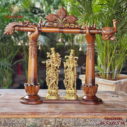 26.5 Inches Brass Radha Krishna With Teakwood Flute Arch