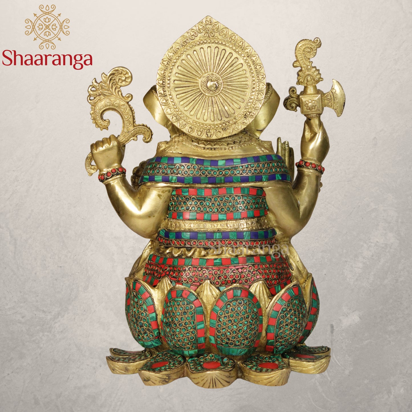 17 Inches Brass Ganesha Idol Sitting On Lotus with Stone work.
