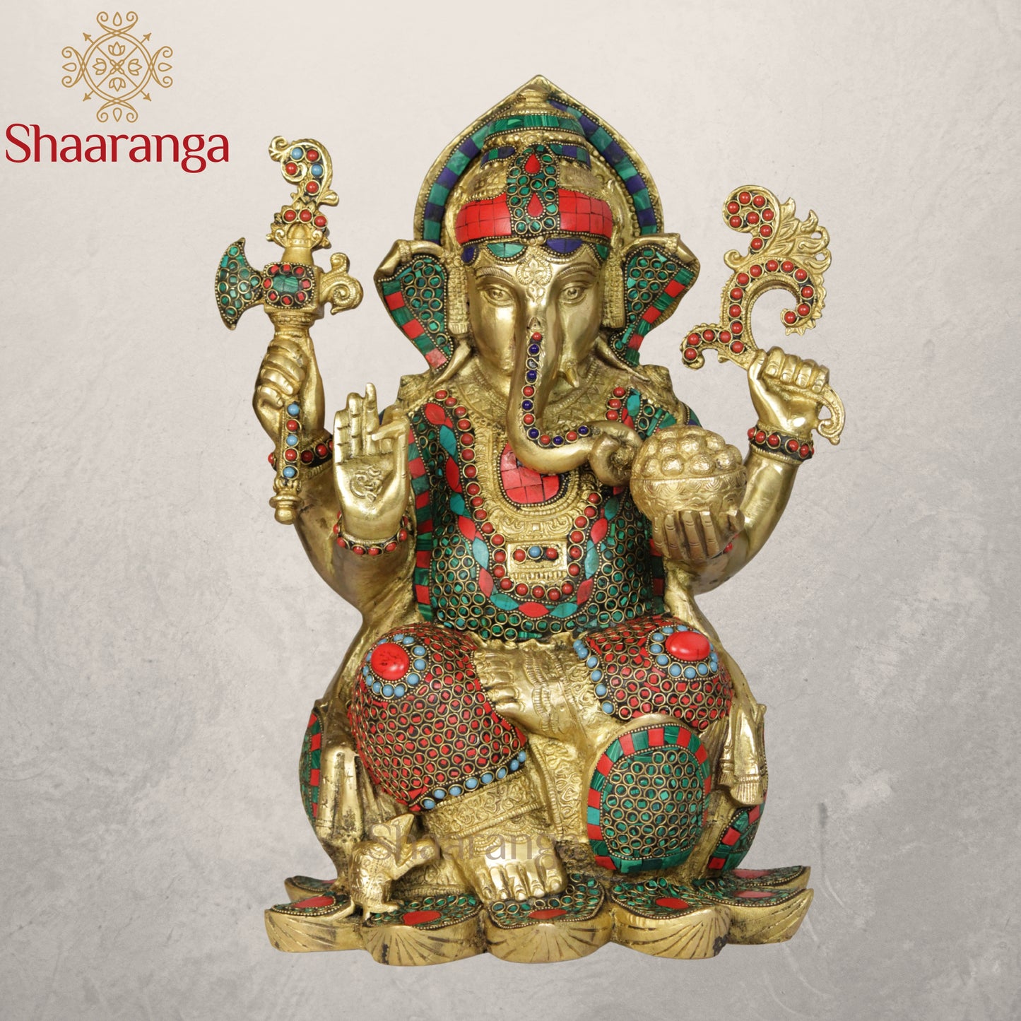 17 Inches Brass Ganesha Idol Sitting On Lotus with Stone work.