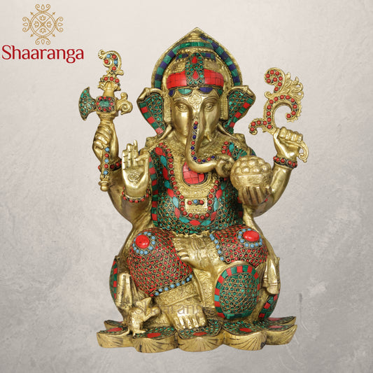 17 Inches Brass Ganesha Idol Sitting On Lotus with Stone work.