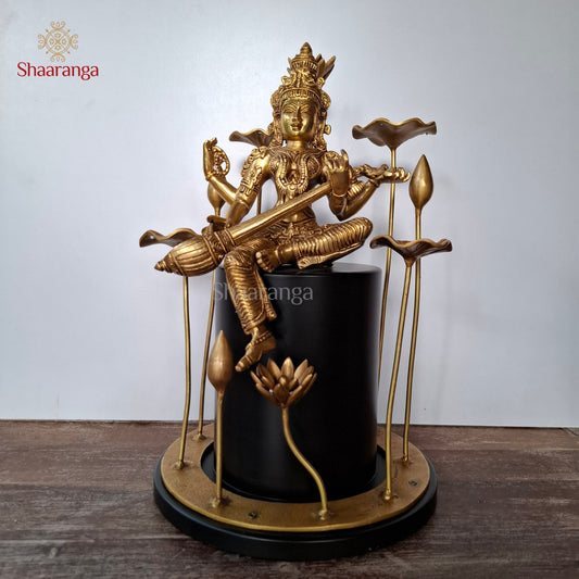 19 Inches Brass Saraswathi With Flower