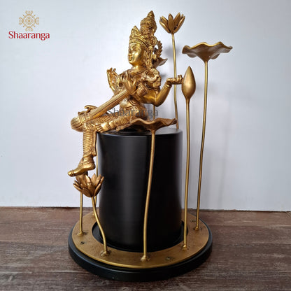 19 Inches Brass Saraswathi With Flower
