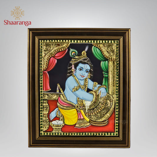 14x12 Inches Butter Krishna Tanjore Painting with 22K Gold work