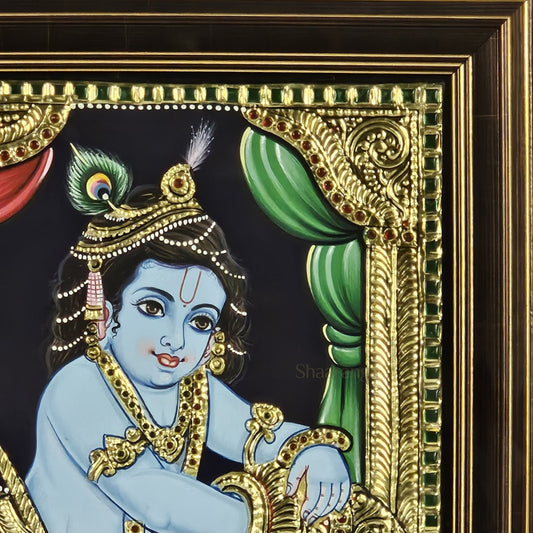 14x12 Inches Butter Krishna Tanjore Painting with 22K Gold work