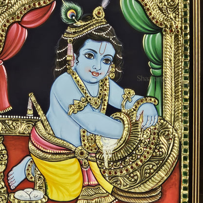 14x12 Inches Butter Krishna Tanjore Painting with 22K Gold work
