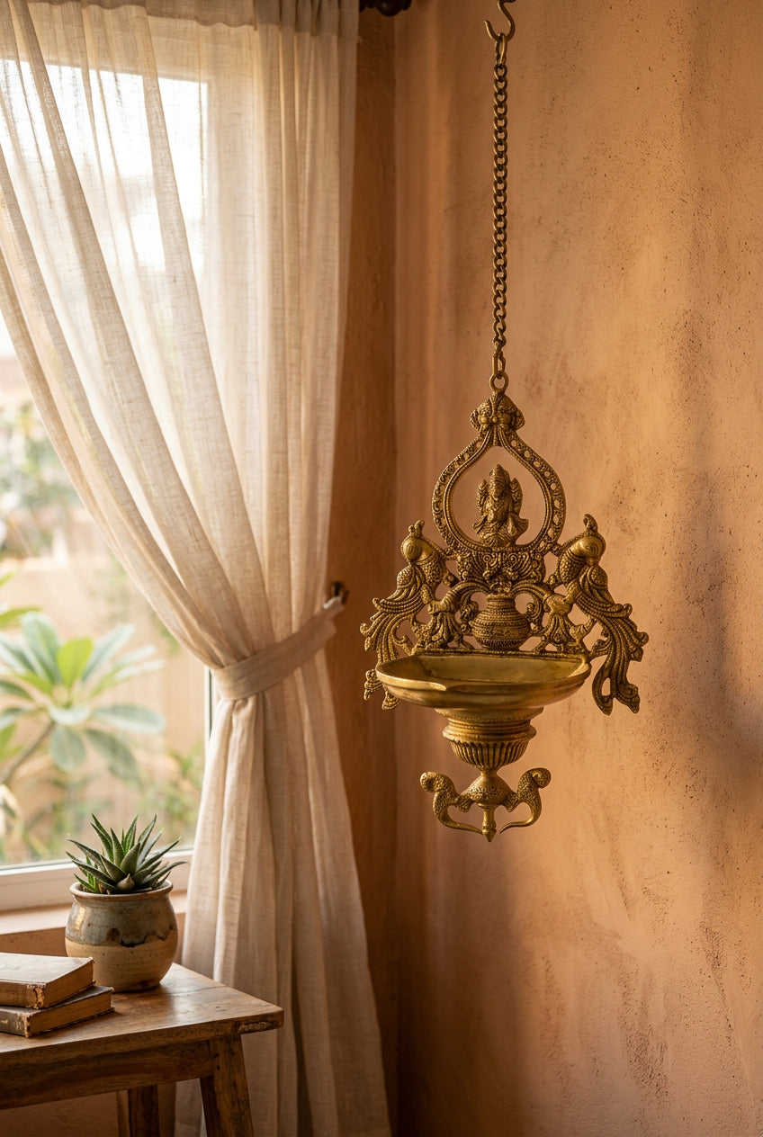 Brass 14 Inches Lakshmi Devi Hanging Lamp with Peacocks & Kalash design
