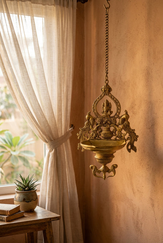 Brass 14 Inches Lakshmi Devi Hanging Lamp with Peacocks & Kalash design