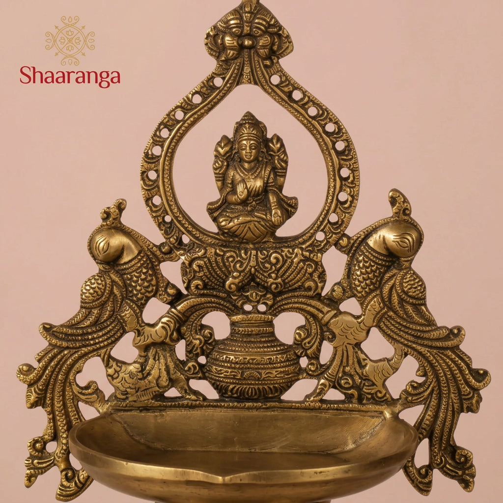 Brass 14 Inches Lakshmi Devi Hanging Lamp with Peacocks & Kalash design