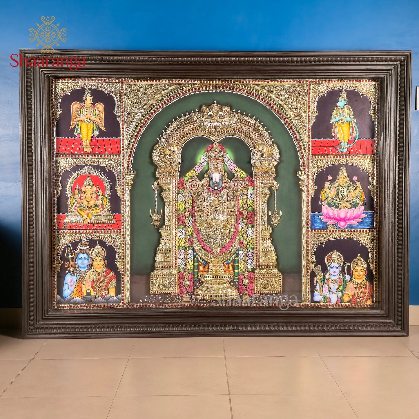 40x53  Customised Lord Venkateshwara Swamy Tanjore Painting with Divine Assembly – Shaaranga Masterpiece