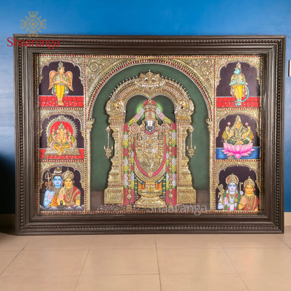 40x53  Customised Lord Venkateshwara Swamy Tanjore Painting with Divine Assembly – Shaaranga Masterpiece