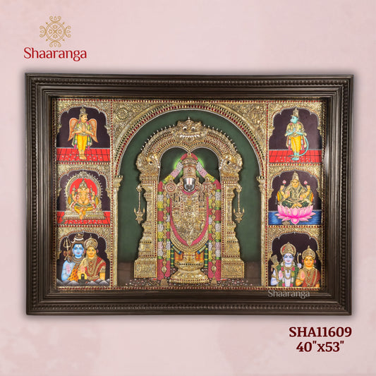 40x53  Customised Lord Venkateshwara Swamy Tanjore Painting with Divine Assembly – Shaaranga Masterpiece